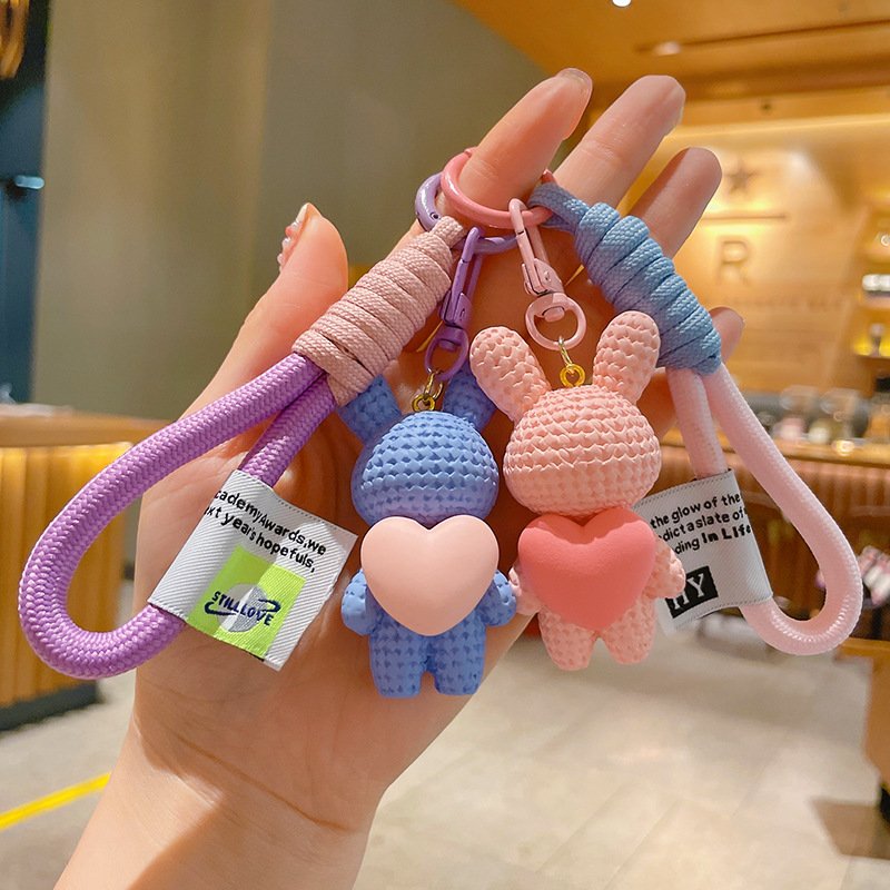 Cartoon 3D PVC resin heart animal Rabbit keychain cute trend fashion car key chain couple bag pendant gift wholesale