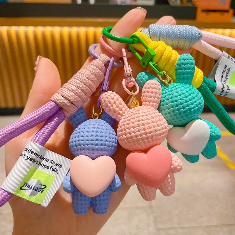 Cartoon 3D PVC resin heart animal Rabbit keychain cute trend fashion car key chain couple bag pendant gift wholesale