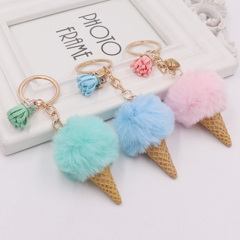 Wholesale Multicolor Plush Ice Cream Tassel Pendants Cute Fur Pom Pom Ball Keychain for Women Car Key & Bag Accessories
