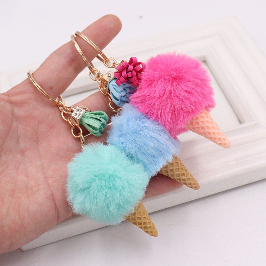 Wholesale Multicolor Plush Ice Cream Tassel Pendants Cute Fur Pom Pom Ball Keychain for Women Car Key & Bag Accessories