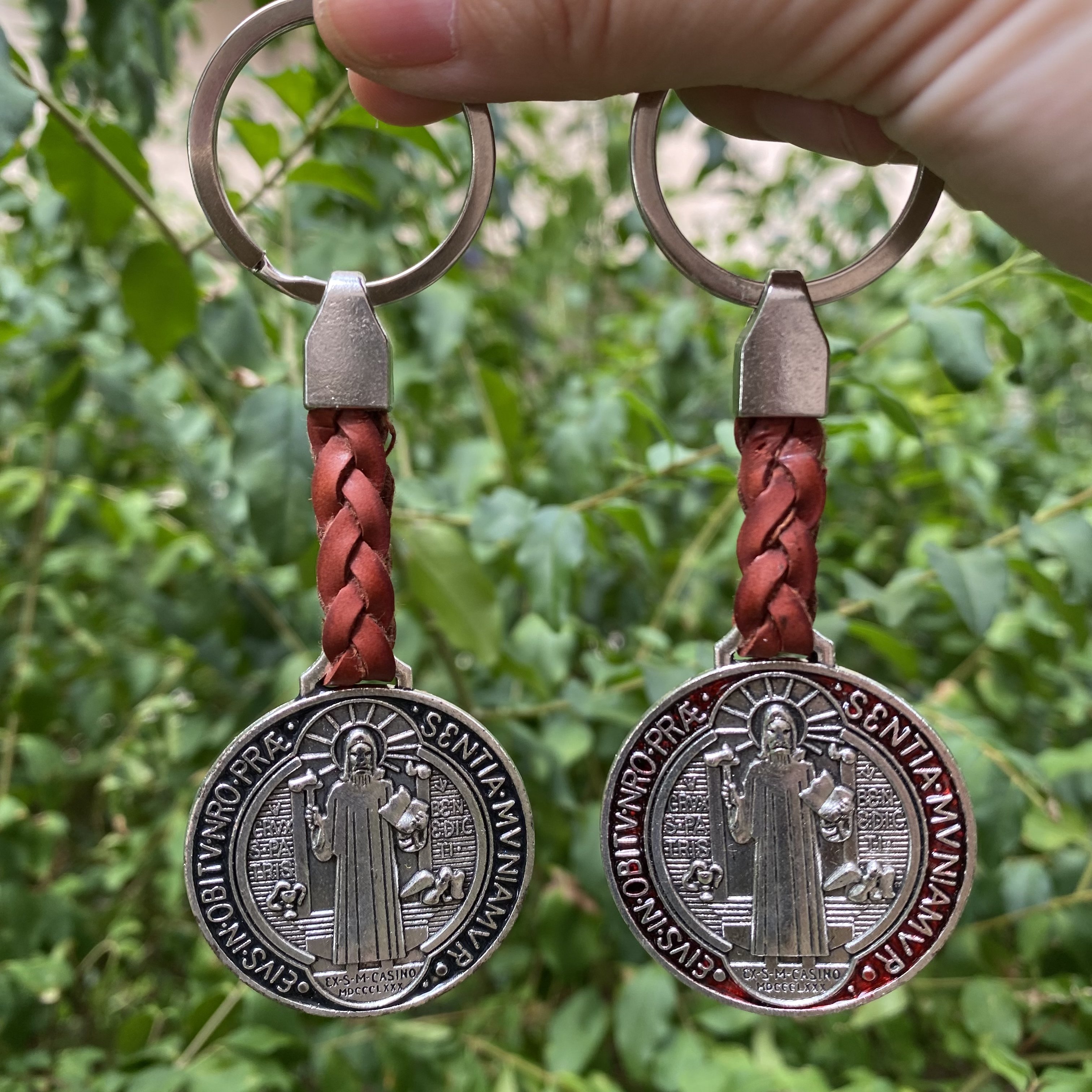 Saint Benedict Keychain Anti-Silver Metal Leather Keyholder Catholic Gifts Car Bag St.Benedict Keyring