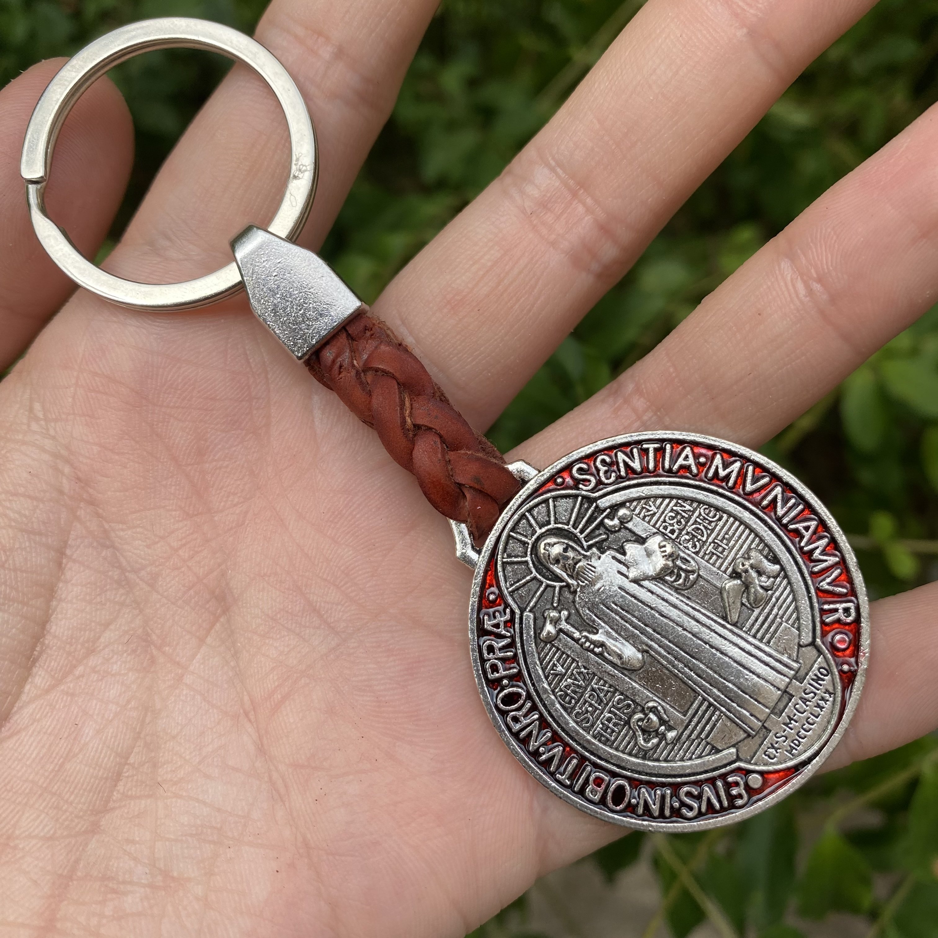 Saint Benedict Keychain Anti-Silver Metal Leather Keyholder Catholic Gifts Car Bag St.Benedict Keyring