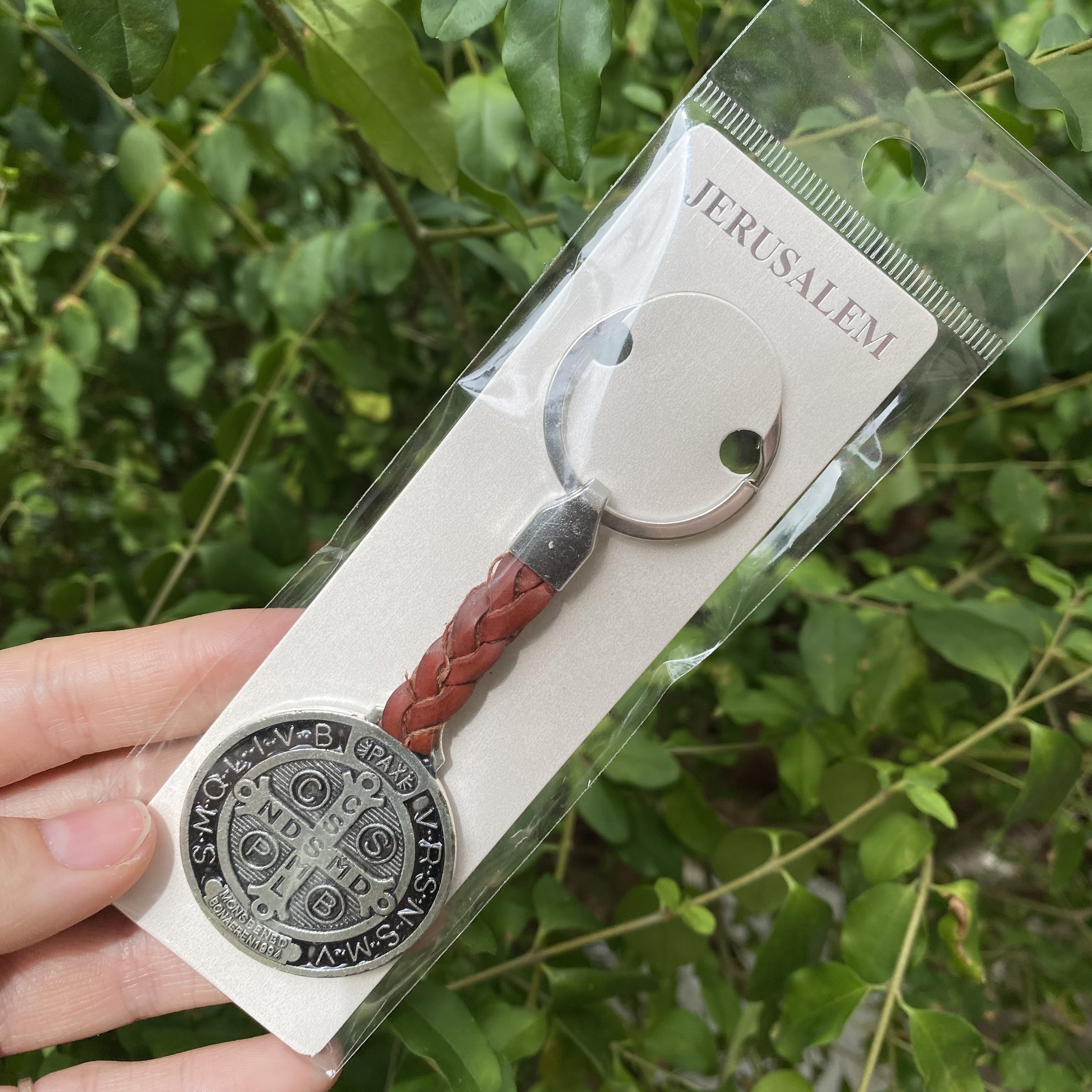 Saint Benedict Keychain Anti-Silver Metal Leather Keyholder Catholic Gifts Car Bag St.Benedict Keyring