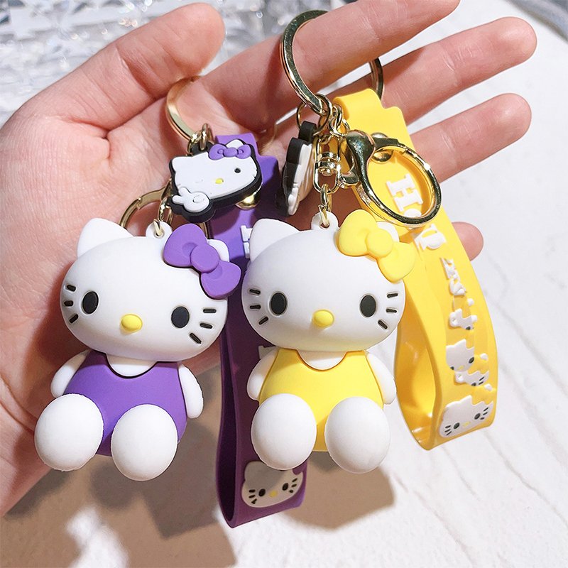 Cute Kawaii Wrist Strap Car Keychain Accessories Bag Ornament Doll 3D Silicone Hello Kitty KT PVC Gold Key Rings Gift Keychain