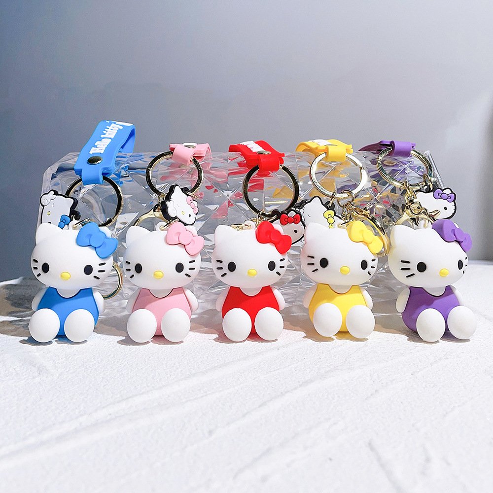 Cute Kawaii Wrist Strap Car Keychain Accessories Bag Ornament Doll 3D Silicone Hello Kitty KT PVC Gold Key Rings Gift Keychain
