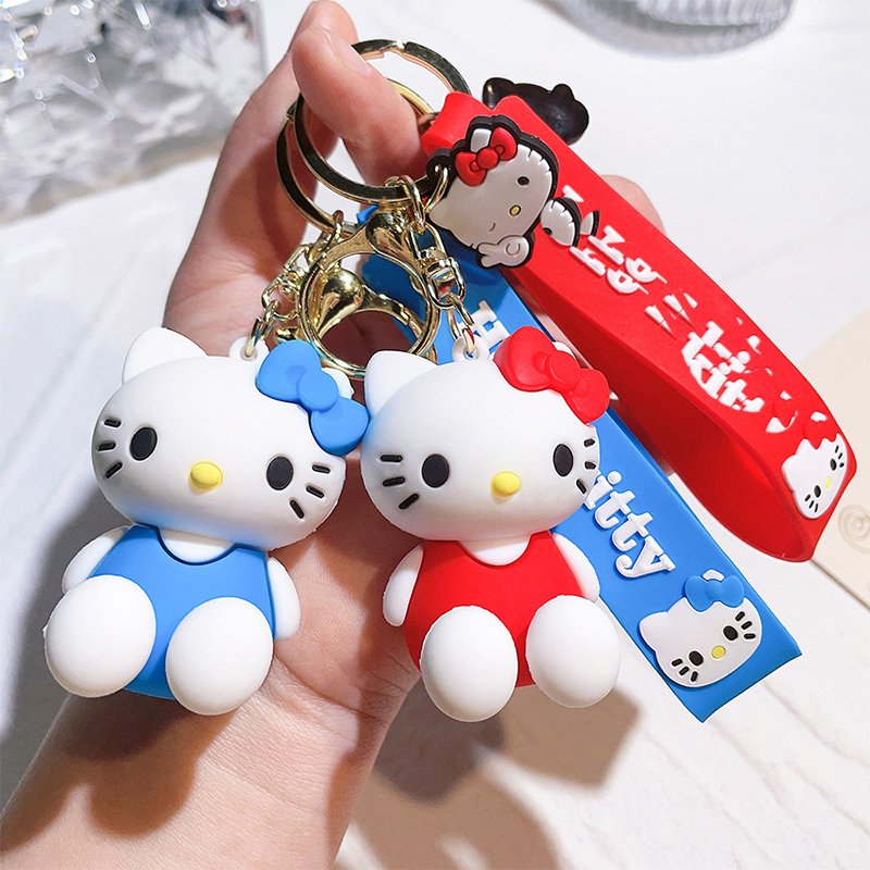 Cute Kawaii Wrist Strap Car Keychain Accessories Bag Ornament Doll 3D Silicone Hello Kitty KT PVC Gold Key Rings Gift Keychain
