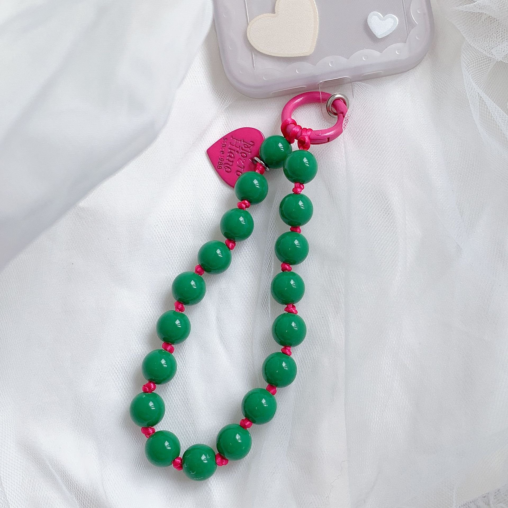 2024 Hot Sale Girls Hot Pink Beaded Keyring Cute Heart Charm Women Handbag Decoration Car Key Holder Colorful Beads Keychains