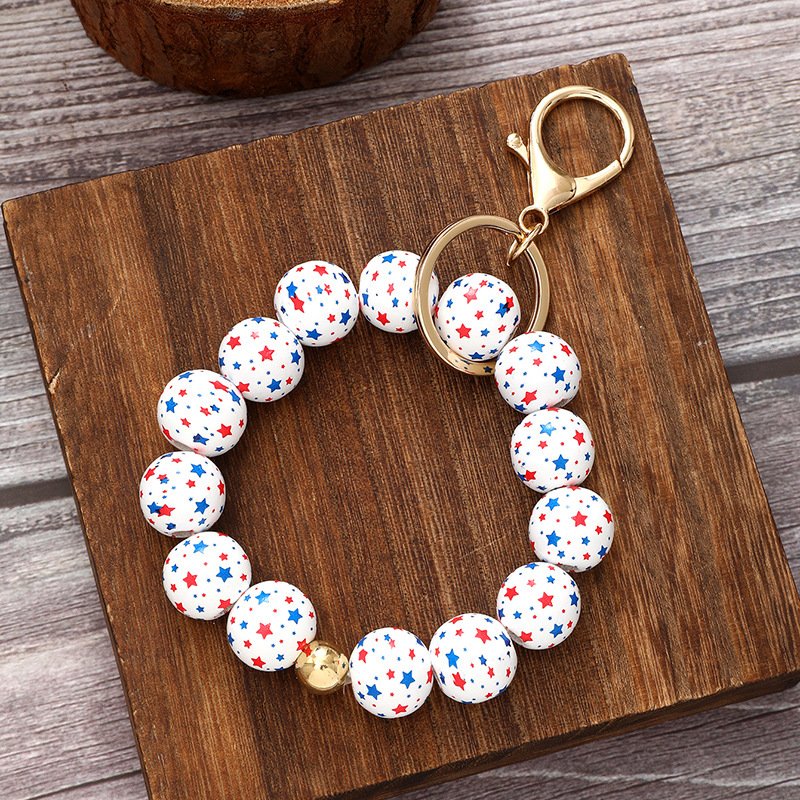 Wooden Red white Blue American Independence Day color full screen star bracelet key chain Car bag key chain penders wholesale