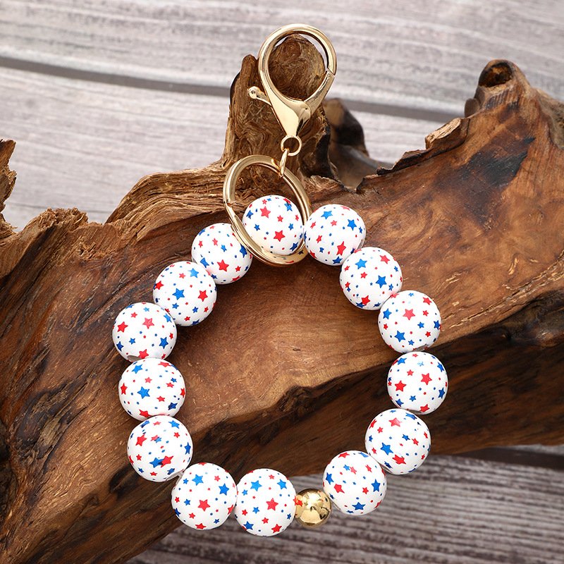 Wooden Red white Blue American Independence Day color full screen star bracelet key chain Car bag key chain penders wholesale