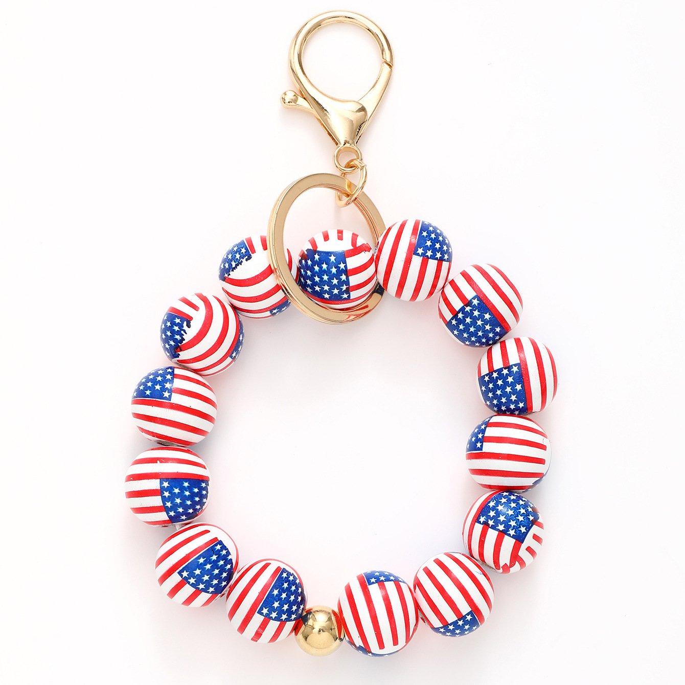 Wooden Red white Blue American Independence Day color full screen star bracelet key chain Car bag key chain penders wholesale