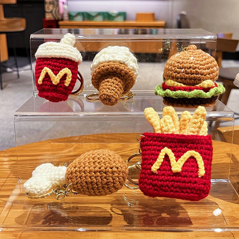 Handwoven Hamburger Fries Doll Key Chain Wool Woven Pendant Key Chain Hamburger Creative Wool Woven Shawl Key Chain