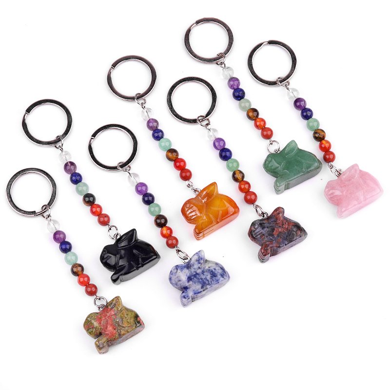 Rainbow 7 Chakra Carved Stone Rabbit Keychain Pendant Animal Bag Car Key Chain Crystal Carving Rabbit Keychain Accessories Gift