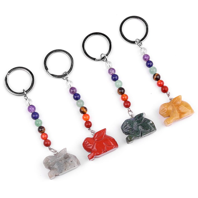 Rainbow 7 Chakra Carved Stone Rabbit Keychain Pendant Animal Bag Car Key Chain Crystal Carving Rabbit Keychain Accessories Gift