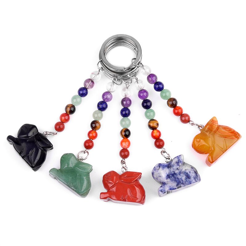 Rainbow 7 Chakra Carved Stone Rabbit Keychain Pendant Animal Bag Car Key Chain Crystal Carving Rabbit Keychain Accessories Gift