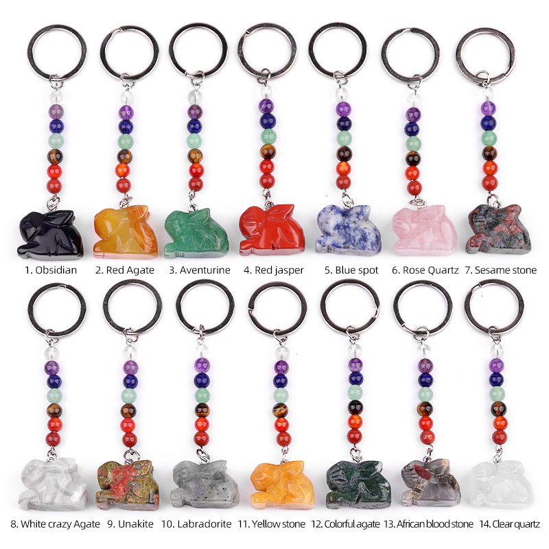 Rainbow 7 Chakra Carved Stone Rabbit Keychain Pendant Animal Bag Car Key Chain Crystal Carving Rabbit Keychain Accessories Gift