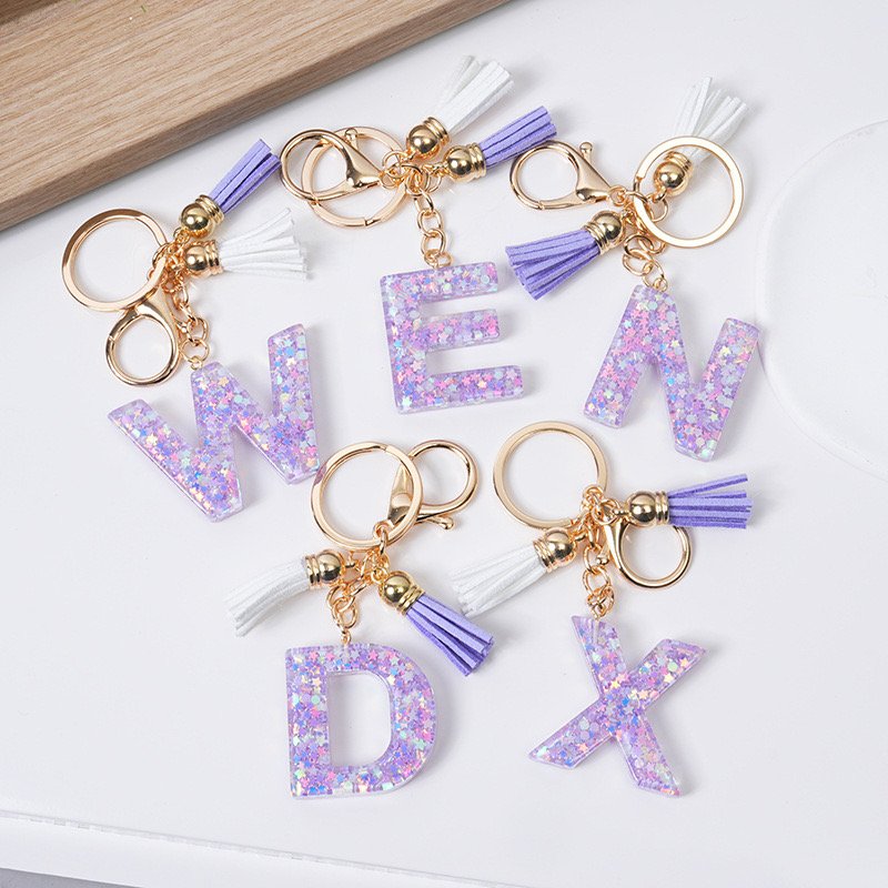2024 Hot Sale Custom Keychain Hot Sale 26 English Letters Purple Fringe Stars Sequin Women's Bag Pendant Cup Chain Car Keychain