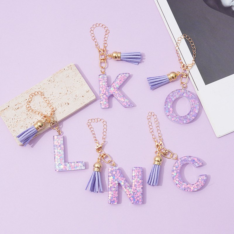 2024 Hot Sale Custom Keychain Hot Sale 26 English Letters Purple Fringe Stars Sequin Women's Bag Pendant Cup Chain Car Keychain