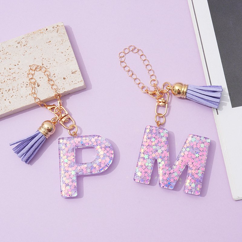 2024 Hot Sale Custom Keychain Hot Sale 26 English Letters Purple Fringe Stars Sequin Women's Bag Pendant Cup Chain Car Keychain