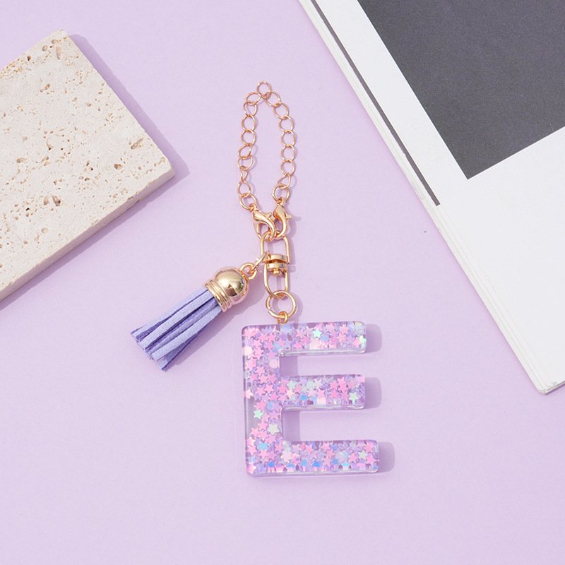 2024 Hot Sale Custom Keychain Hot Sale 26 English Letters Purple Fringe Stars Sequin Women's Bag Pendant Cup Chain Car Keychain