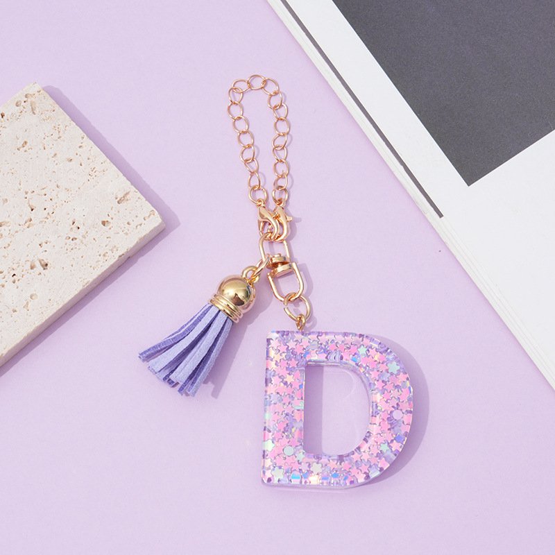2024 Hot Sale Custom Keychain Hot Sale 26 English Letters Purple Fringe Stars Sequin Women's Bag Pendant Cup Chain Car Keychain