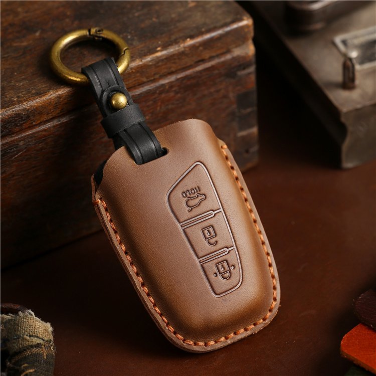Genuine Leather Car Key Case Cover for Hyundai IX45 Santa Fe Genesis Equus Azera Car Key Shell with Keychain car accessories