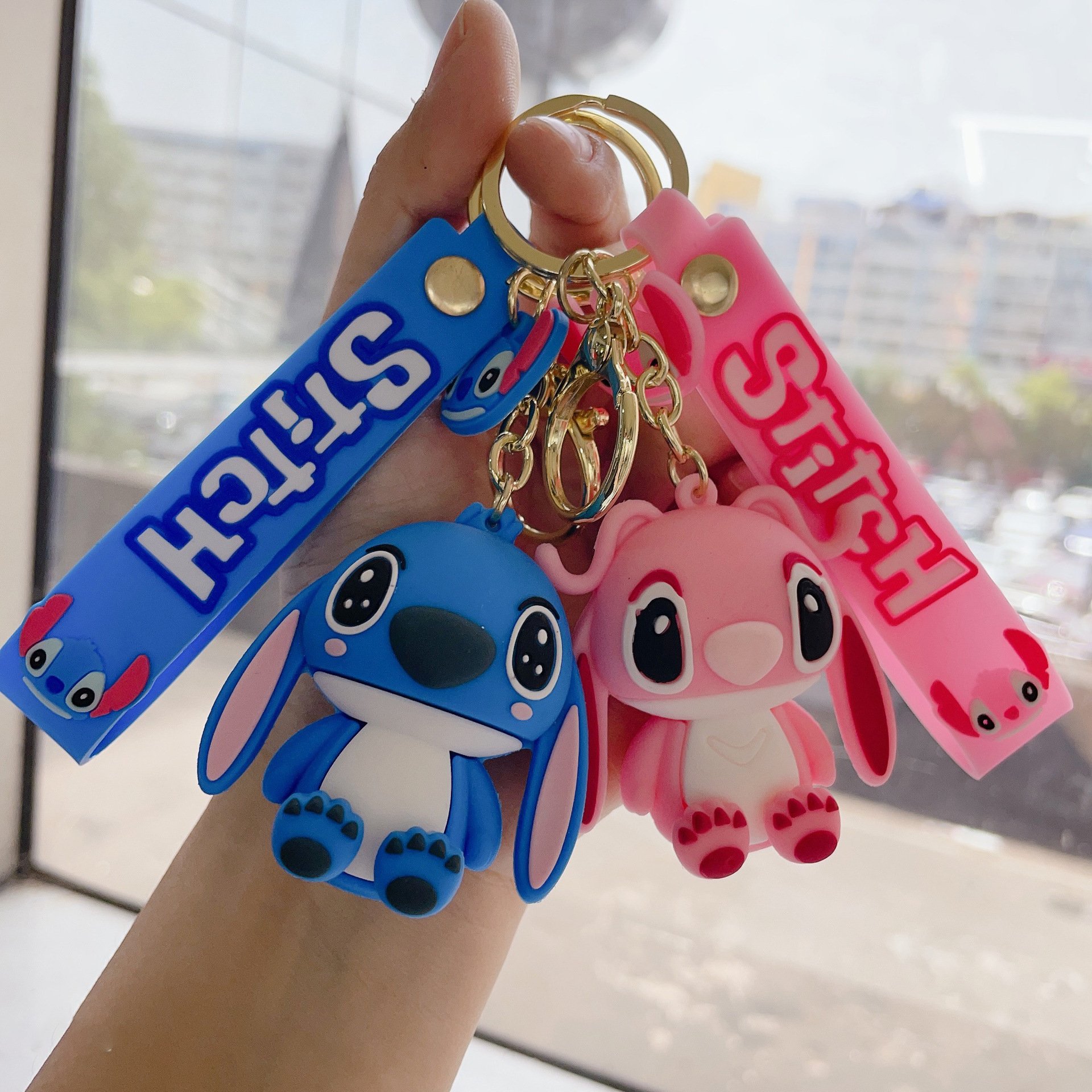 2023 New Designs Cute 3D Doll Car Keychain Backpack Pendant Cartoon Stitch Soft Rubber Car Key Chain
