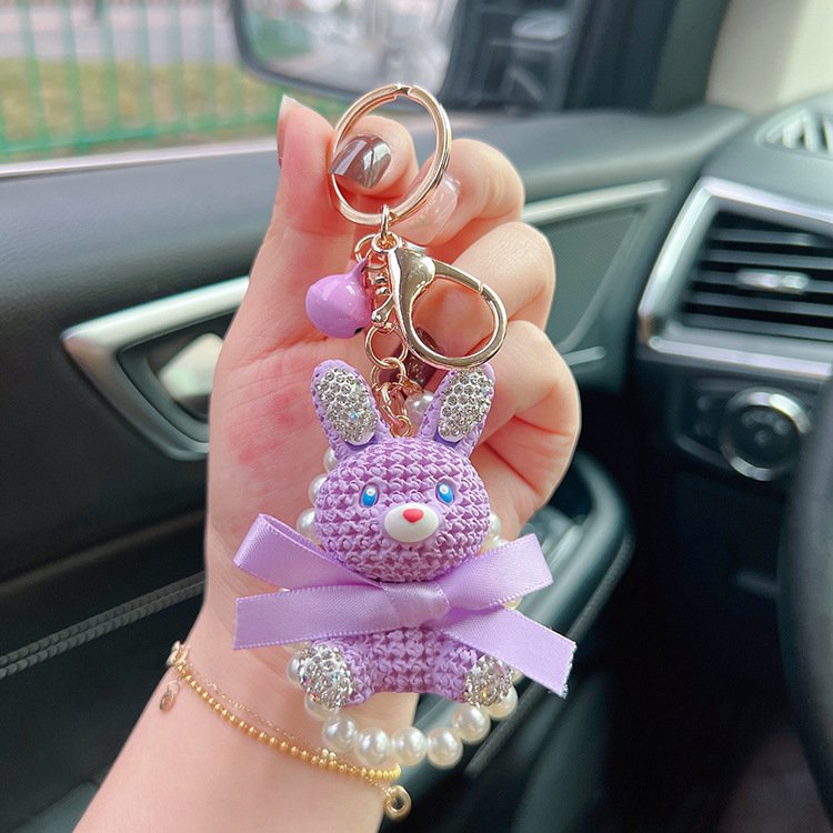 keyring Resin Rabbit Keychain Pearl Chain Cartoon Doll Car Keychain Diamond Bag Charm Candy Color Rabbit Keyring