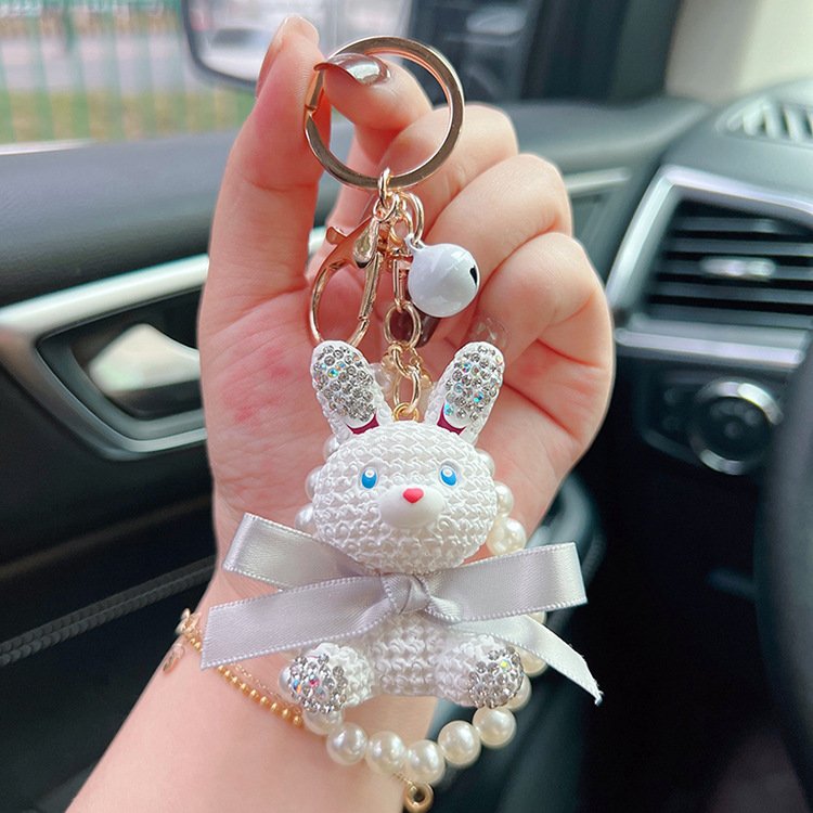 keyring Resin Rabbit Keychain Pearl Chain Cartoon Doll Car Keychain Diamond Bag Charm Candy Color Rabbit Keyring