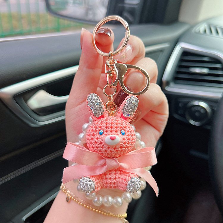 keyring Resin Rabbit Keychain Pearl Chain Cartoon Doll Car Keychain Diamond Bag Charm Candy Color Rabbit Keyring