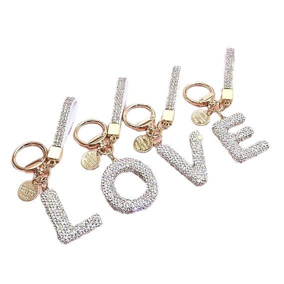 Wowei A-Z White Initial Letter Luxury Crystal rhinestone Diamond keychain with letter Handbag Charms Wrist Strap