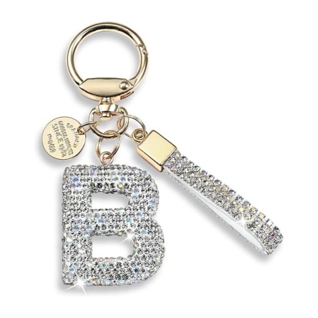 Wowei A-Z White Initial Letter Luxury Crystal rhinestone Diamond keychain with letter Handbag Charms Wrist Strap