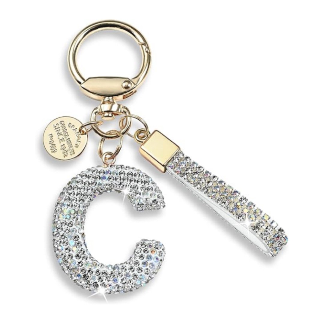 Wowei A-Z White Initial Letter Luxury Crystal rhinestone Diamond keychain with letter Handbag Charms Wrist Strap