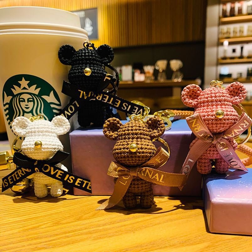 Cartoon Cute Resin Teddy Bear Keychain Kawaii Woman Bag charm Pendant woven rope Wrist strap bell Teddy Bear Keyring Accessories