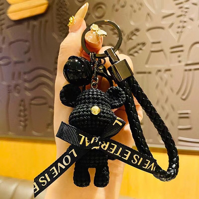 Cartoon Cute Resin Teddy Bear Keychain Kawaii Woman Bag charm Pendant woven rope Wrist strap bell Teddy Bear Keyring Accessories
