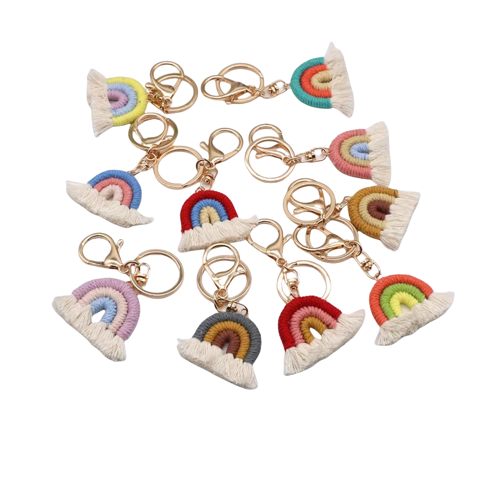 Cute Boho Cotton Rainbow Keychain Tassel Key chains For Women Cute Macrame Woven Car key Holder Keyring pendant Bag Accessory