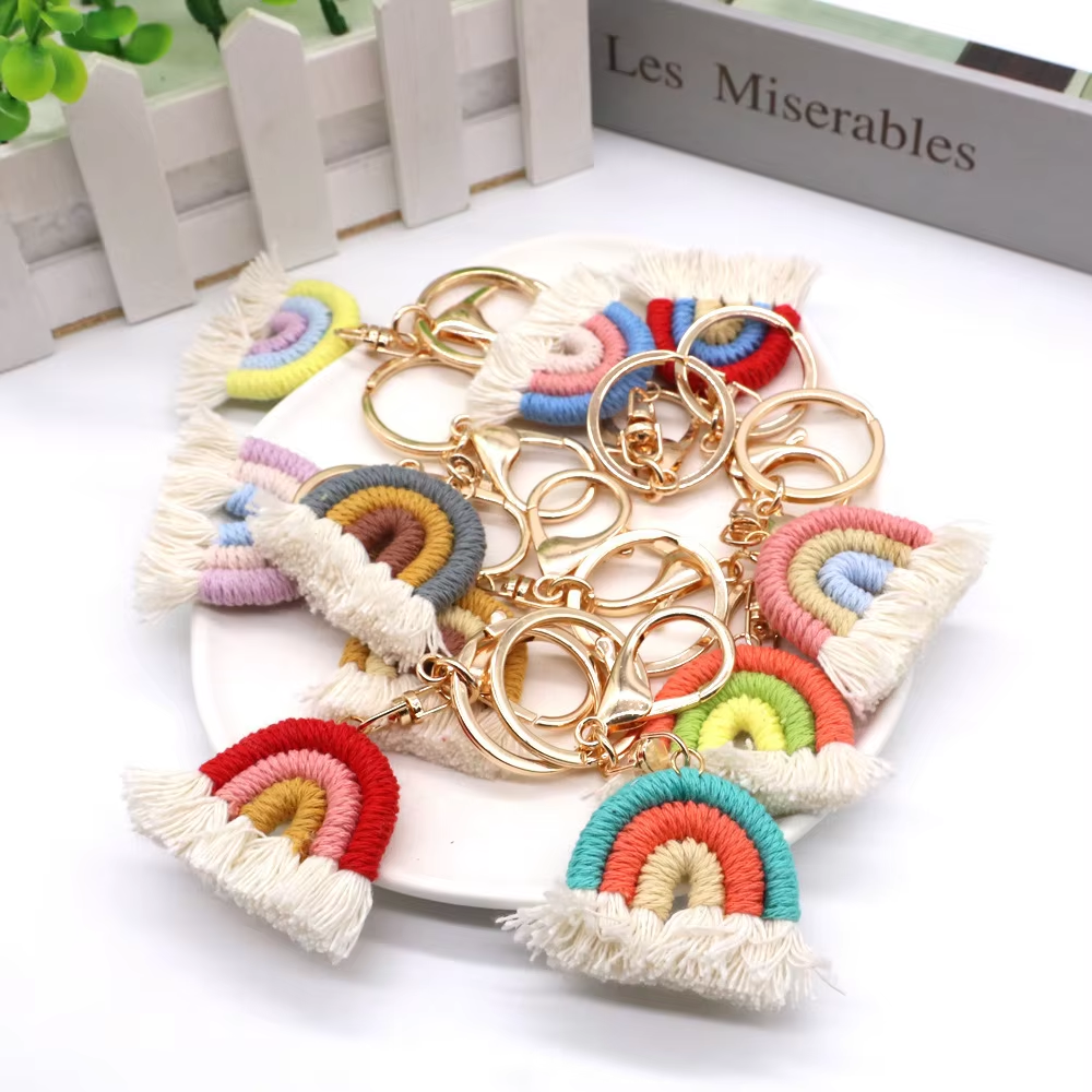Cute Boho Cotton Rainbow Keychain Tassel Key chains For Women Cute Macrame Woven Car key Holder Keyring pendant Bag Accessory