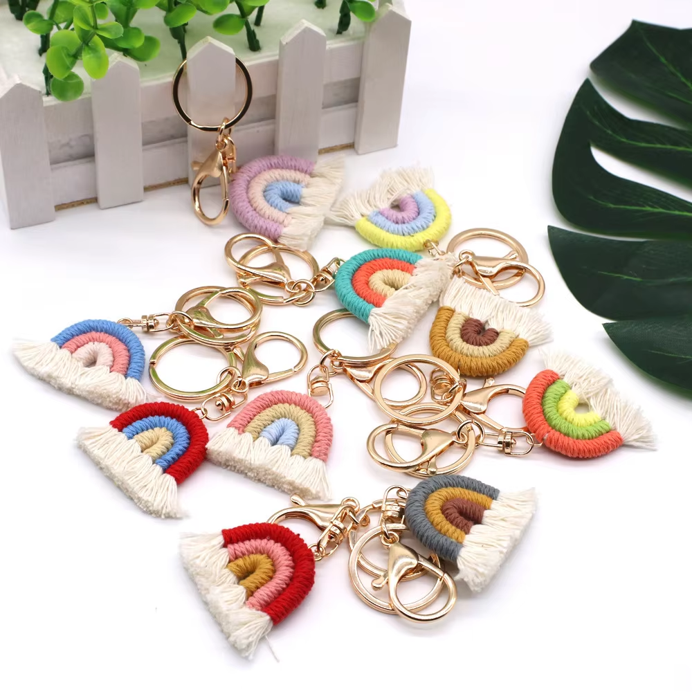 Cute Boho Cotton Rainbow Keychain Tassel Key chains For Women Cute Macrame Woven Car key Holder Keyring pendant Bag Accessory