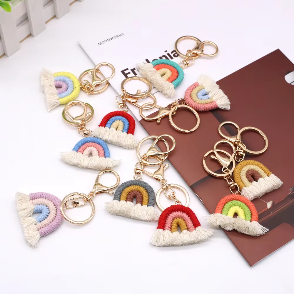 Cute Boho Cotton Rainbow Keychain Tassel Key chains For Women Cute Macrame Woven Car key Holder Keyring pendant Bag Accessory