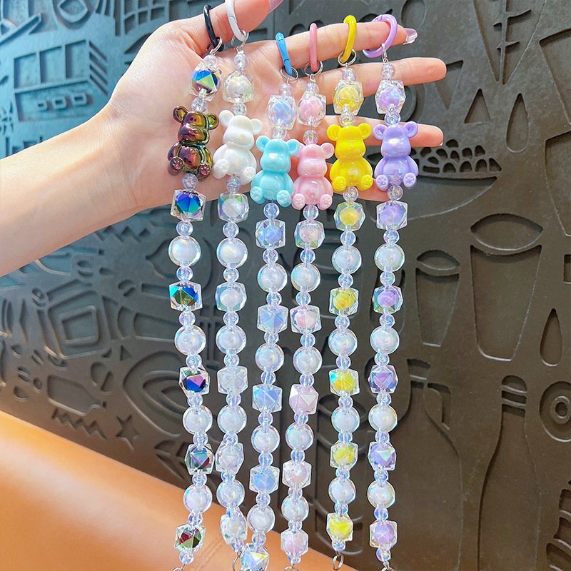 Creative Jelly Bear beaded mobile phone chain key chain Fashion women's bag pendant Car key pendant Cute girl wrist chain gift
