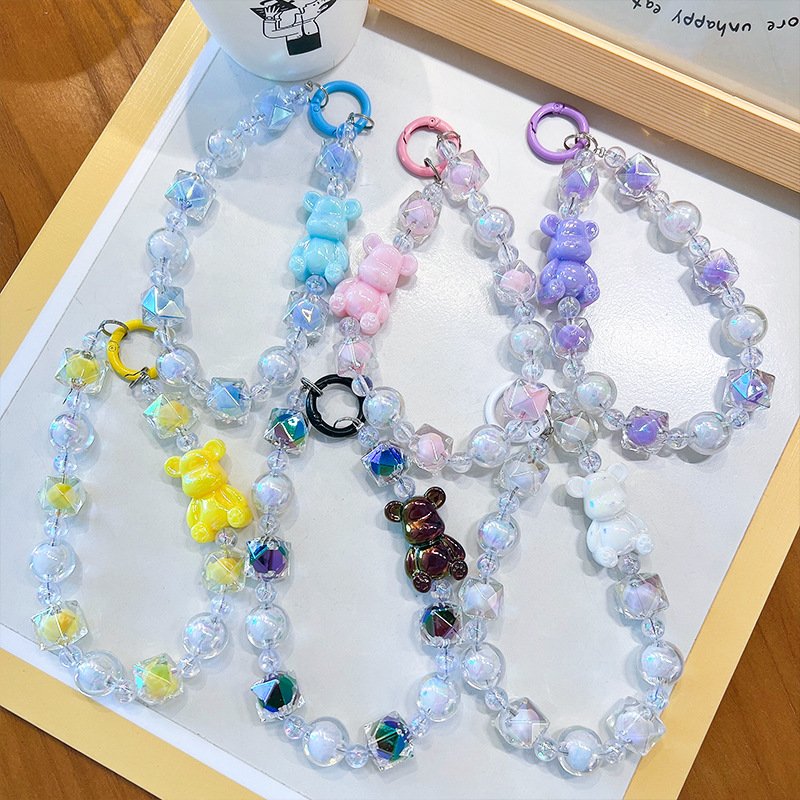 Creative Jelly Bear beaded mobile phone chain key chain Fashion women's bag pendant Car key pendant Cute girl wrist chain gift