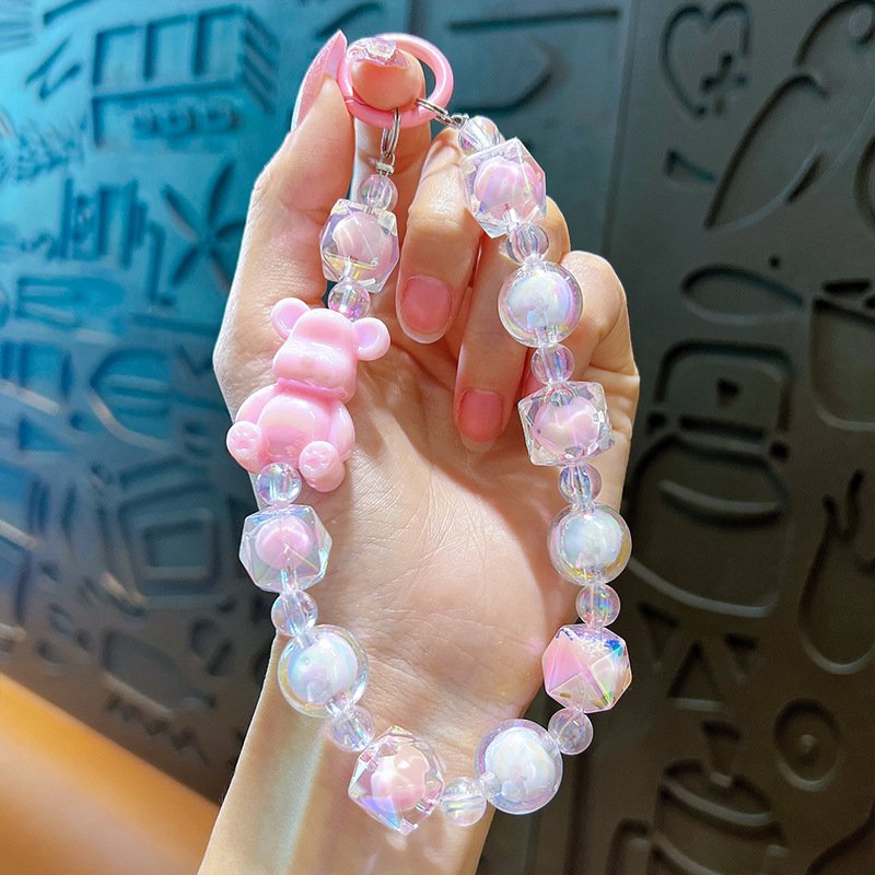 Creative Jelly Bear beaded mobile phone chain key chain Fashion women's bag pendant Car key pendant Cute girl wrist chain gift
