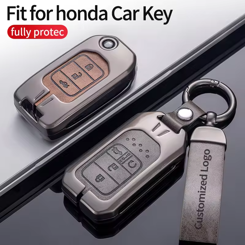 luxury zinc alloy Car Key fob metal leather case Cover for Honda city civic accrd crv jazz protect