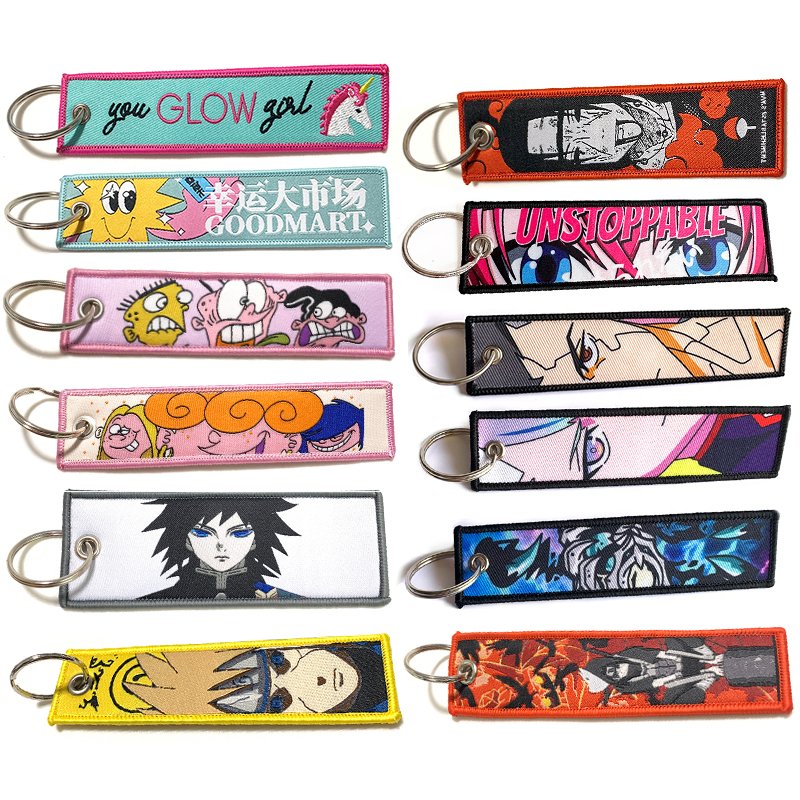 Custom Woven Logo Jet Tag Key Chain Sublimation Fabric Keychain Motorcycle Car Anime Key Tags