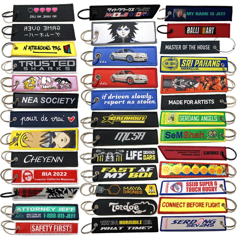 Custom Woven Logo Jet Tag Key Chain Sublimation Fabric Keychain Motorcycle Car Anime Key Tags