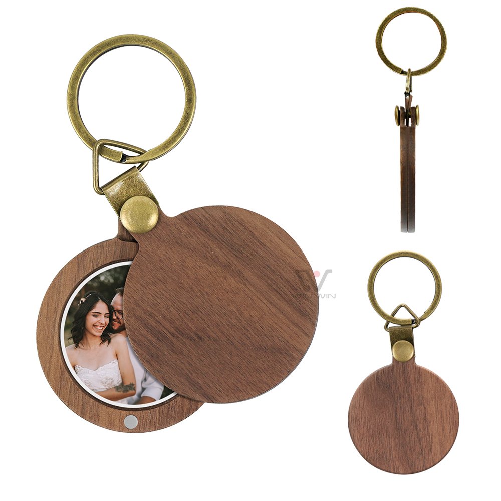 Custom Premium Walnut Round Photo Keychain Creative Personality Magnetic Key Accessories Car Key Pendant