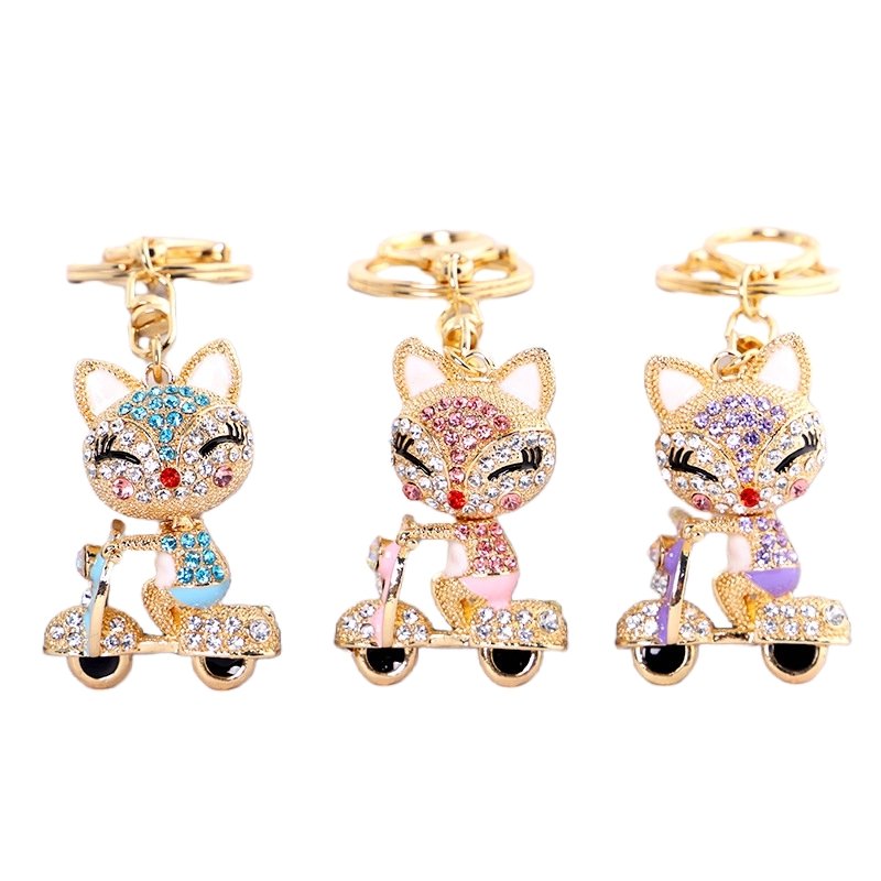 Bling Motorcycle Fox Keychain rhinestone Animals Key Chains Women Bag Charm Pendant Lovely key ring Crystal Fox Cycling Keychain