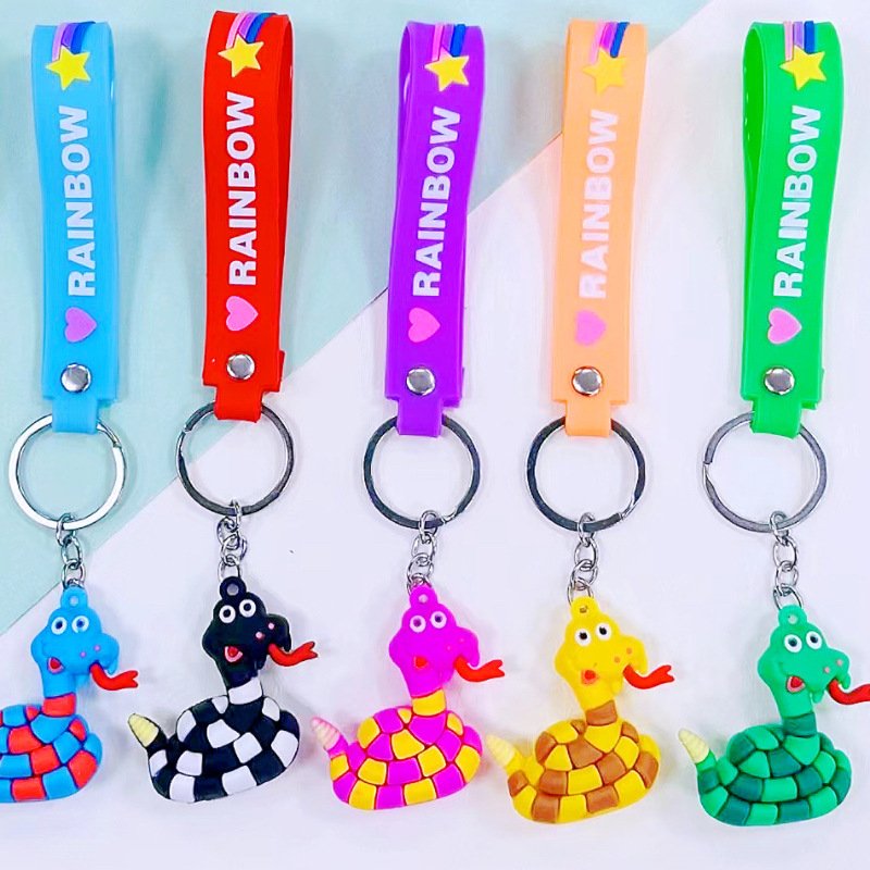 2024 Cartoon Snake Keychain 3D Rubber Cute Bear Doll Keyring Bag Backpack Charm Pendant Couple Key Chain Accessories - Mixed