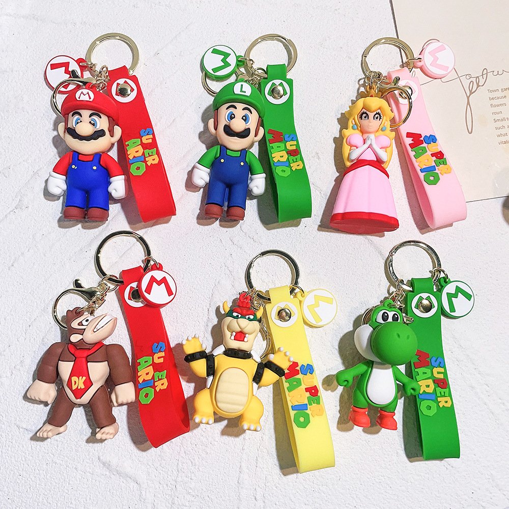 Cartoon 3D PVC Anime Super Marios Bros Keychains Mushroom Luigi Yoshi Key Chain Key Ring Promotional Gift Rubber Keychain Custom