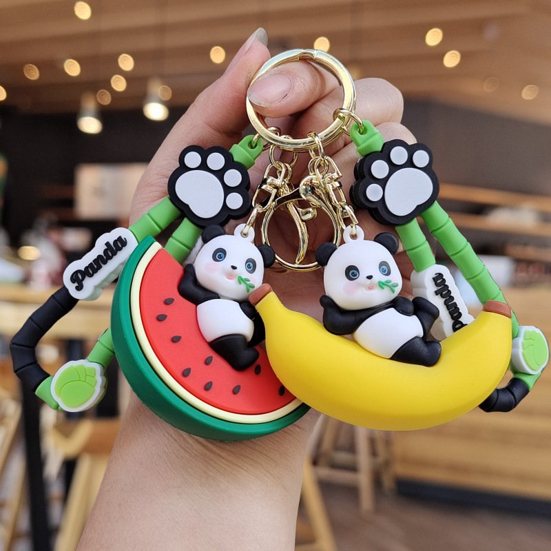 Cute panda doll soft rubber key chains Cartoon 3d pvc Panda fruit keychains Bag Pendant Car Key ring Animal Keychain panda charm