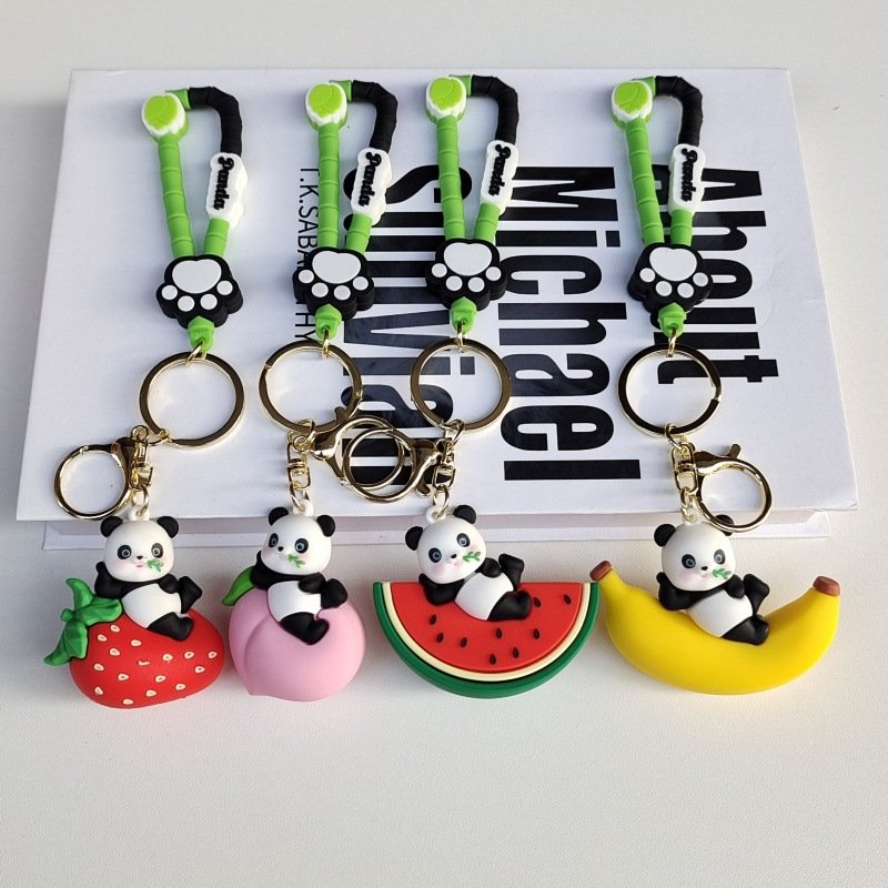Cute panda doll soft rubber key chains Cartoon 3d pvc Panda fruit keychains Bag Pendant Car Key ring Animal Keychain panda charm